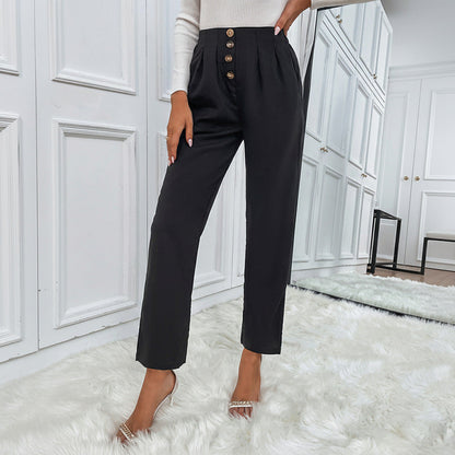 Damen Hochtaillierte Bundfaltenhose mit Knöpfen Eveloria