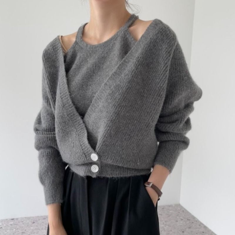 Damen Cropped Strickjacke V-Ausschnitt Knöpfe Beige - Eveloria