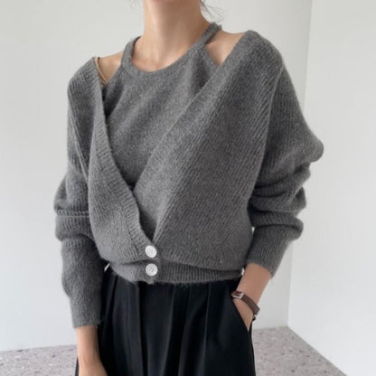 Damen Cropped Strickjacke V-Ausschnitt Knöpfe Beige - Eveloria