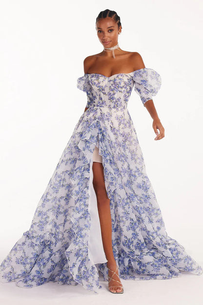 Damen Maxikleid Schulterfrei Florale Rüschendetails Eveloria