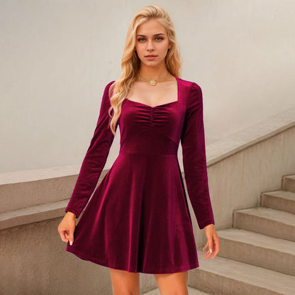 Damen Samt Minikleid Quadratischer Ausschnitt Langer Ärmel