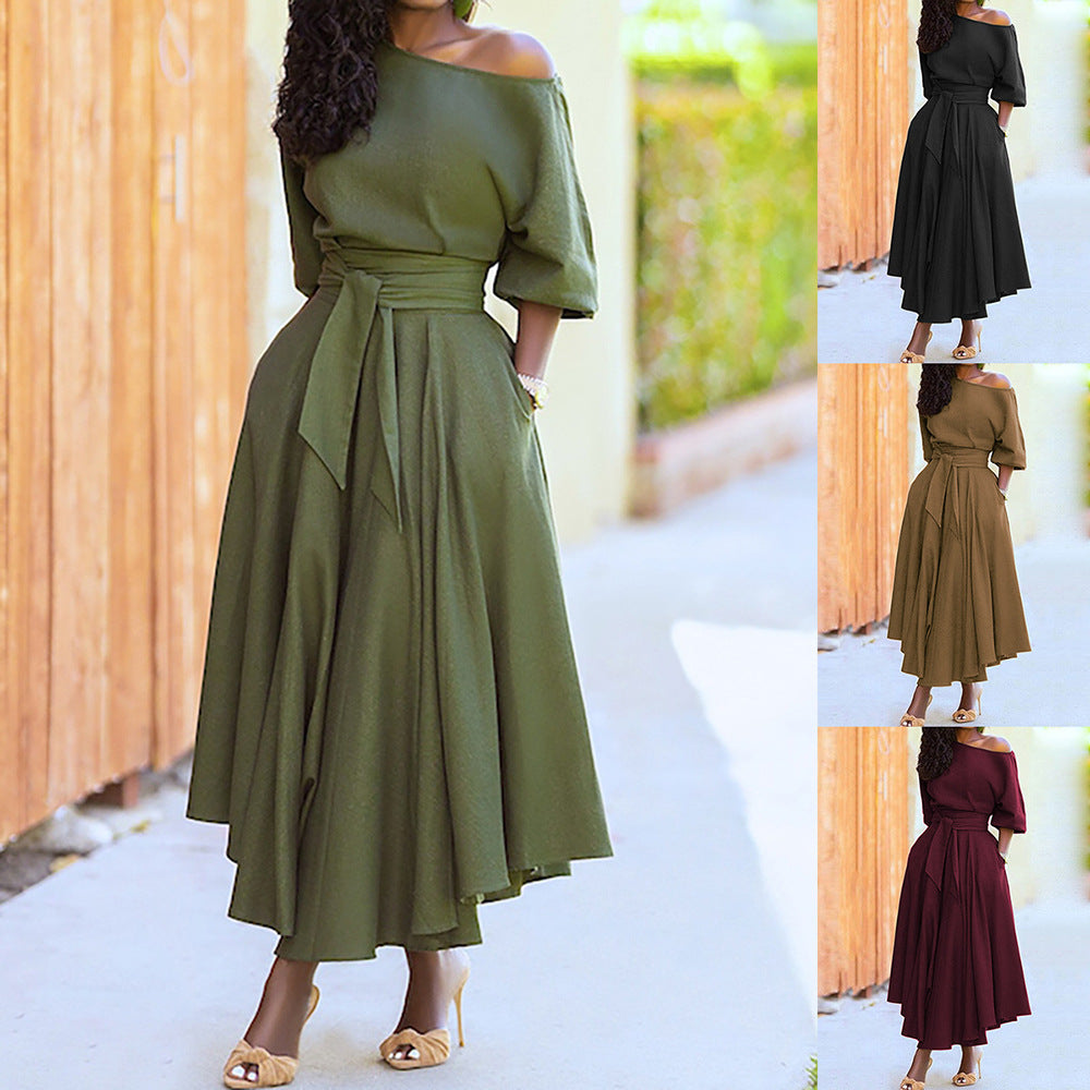 Damen Maxi-Kleid Asymmetrisch Mit Taschen Eveloria