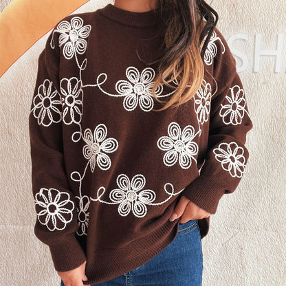 Damen Strickpullover Florales Muster Hoher Kragen