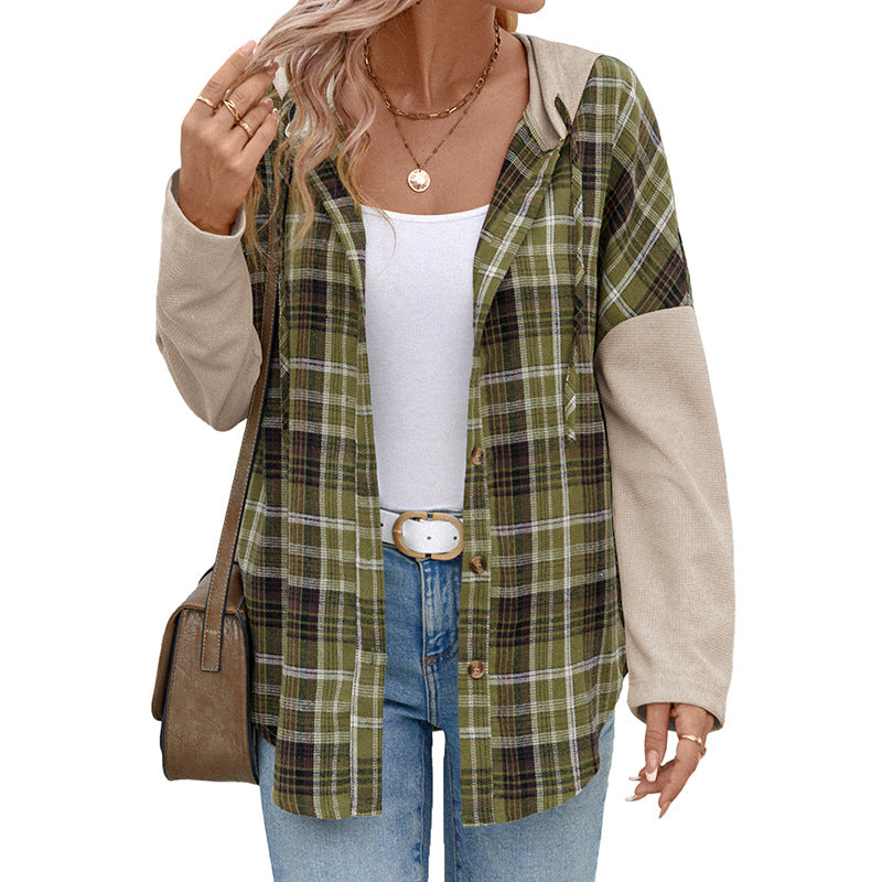Damen Karojacke mit Kapuze Kontrastärmel Eveloria