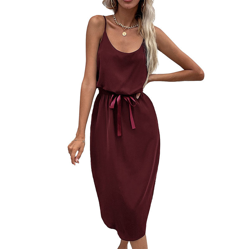 Damen Midikleid Taillenknoten Satinoptik Eveloria
