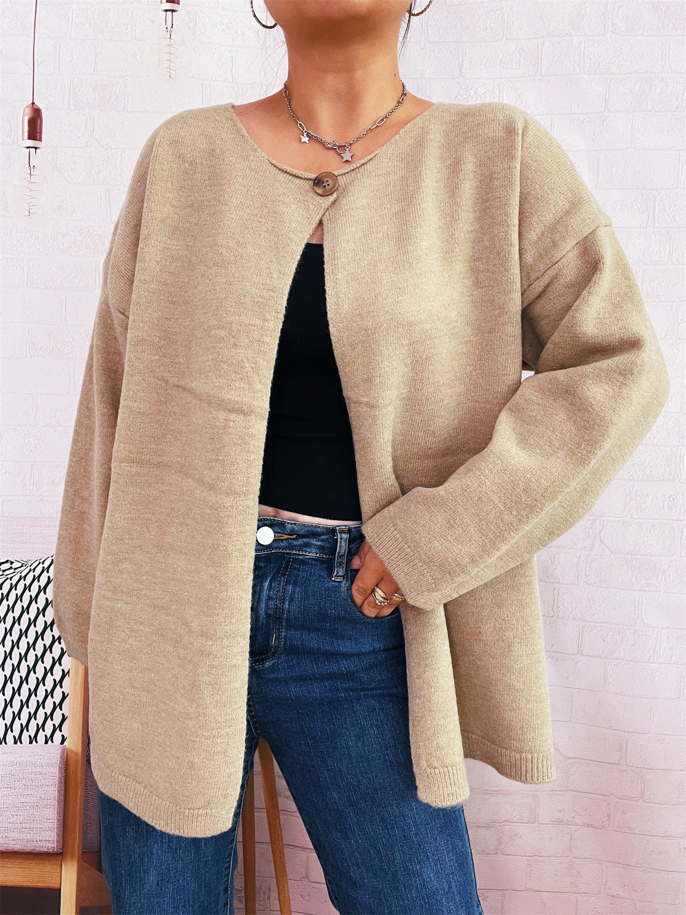 Damen Strickcardigan Weich Offene Vorderseite Beige Eveloria