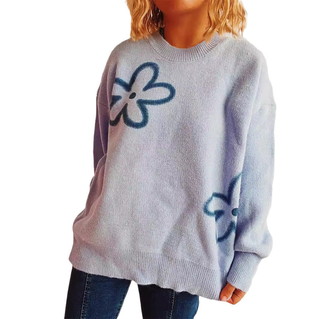 Damen Strickpullover Oversized Floralmuster Beige