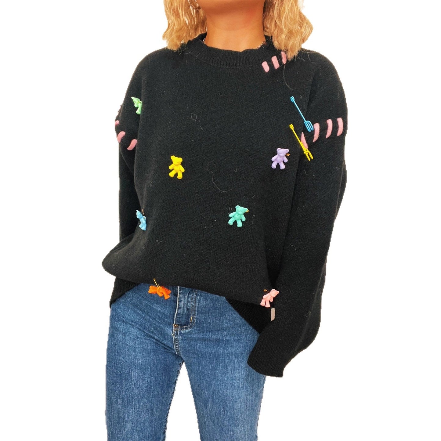 Damen Pullover Bunte Applikationen Weite Passform