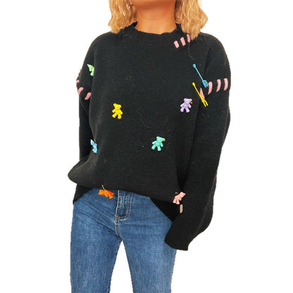 Damen Pullover Bunte Applikationen Weite Passform