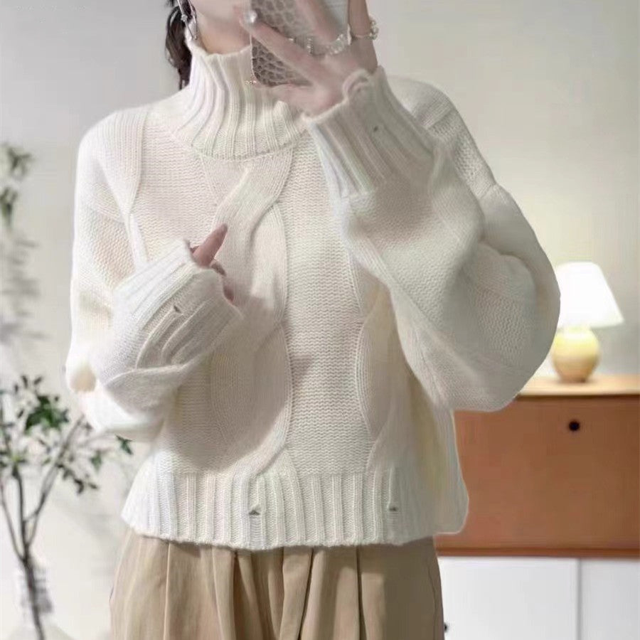 Damen Strickpullover Hochkragen Zopfmuster Eveloria