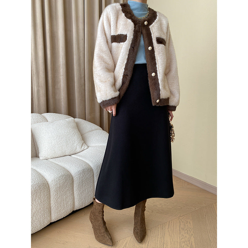 Damen Bouclé-Jacke Kuschelig Dekorative Knöpfe Beige