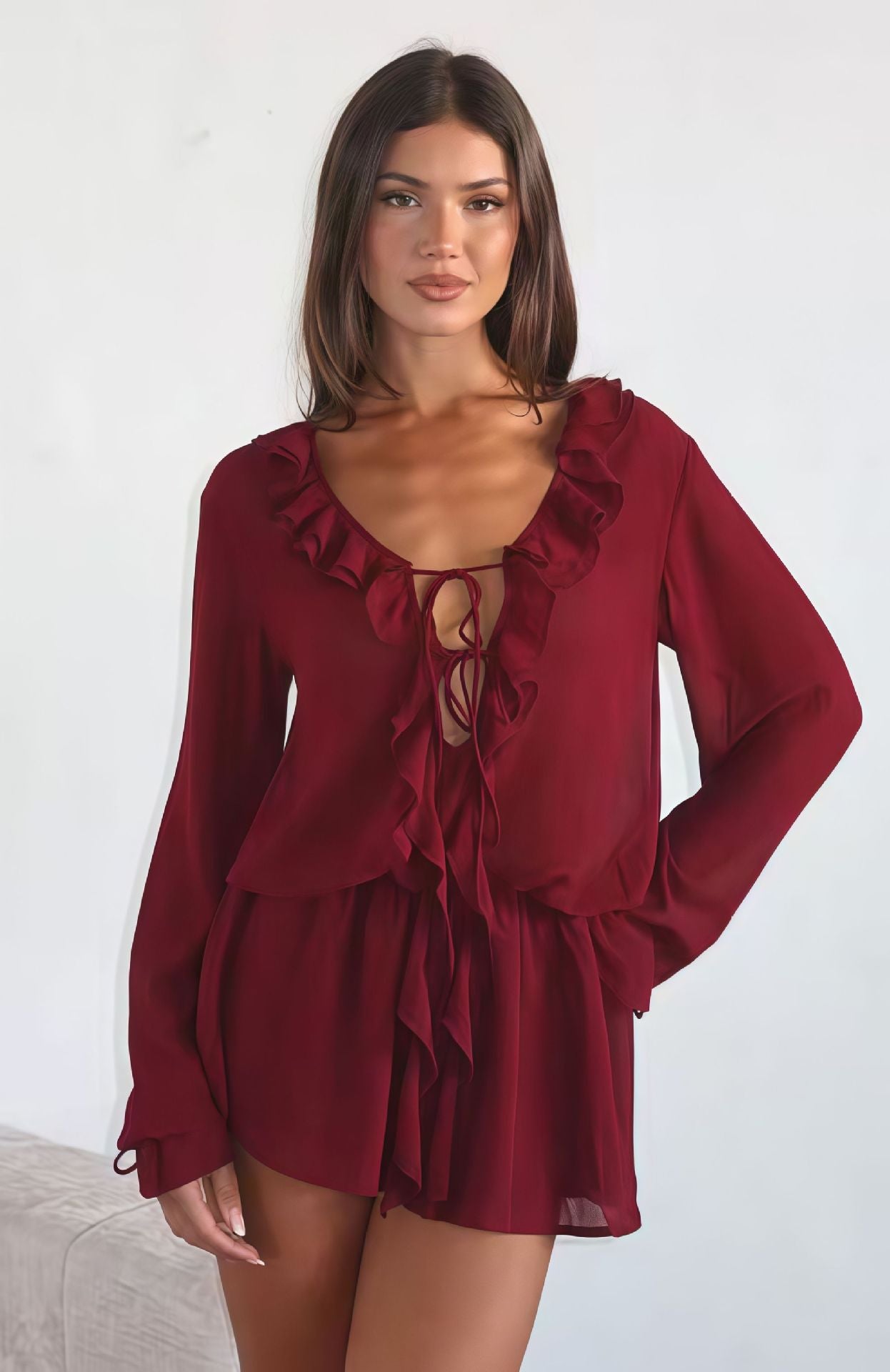 Damen Chiffonbluse Rüschendekoration V-Ausschnitt
