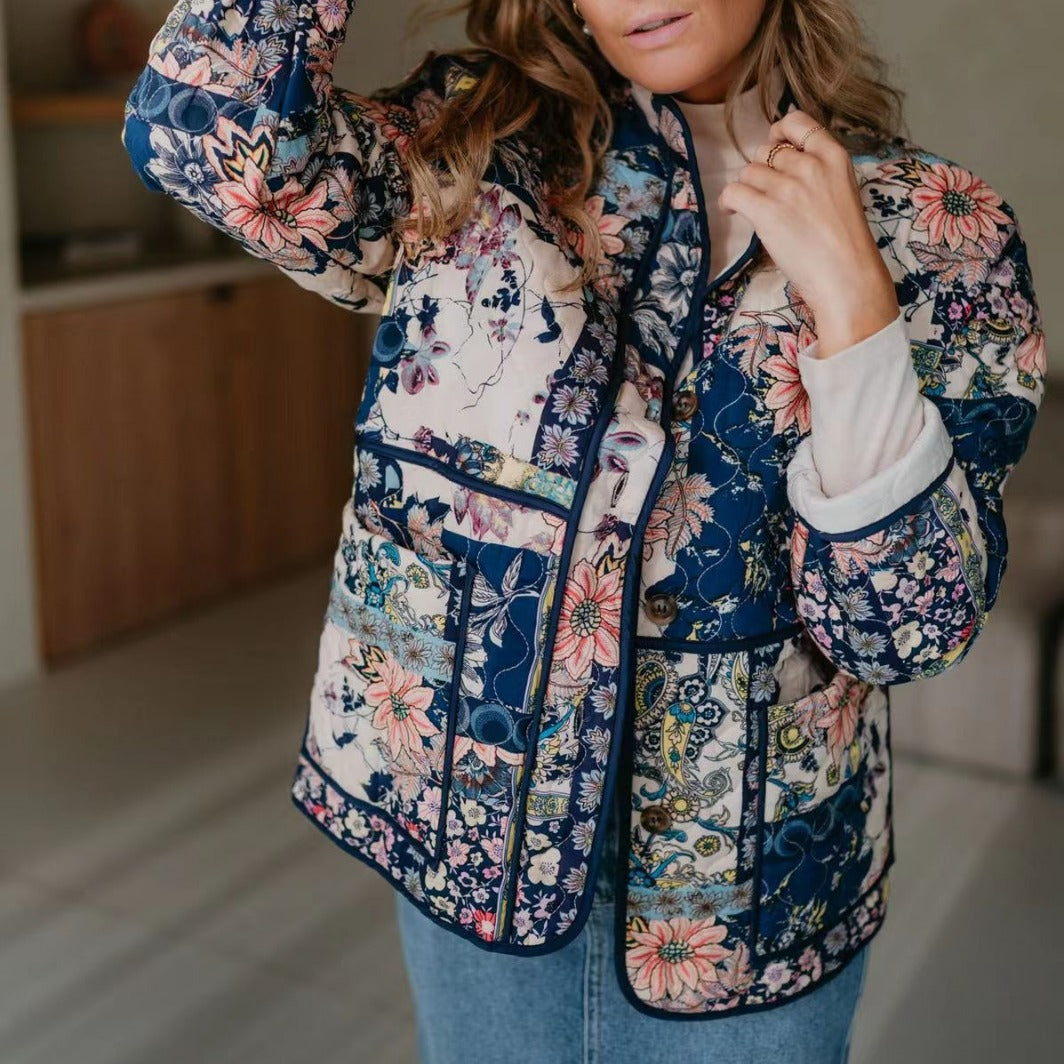 Damen Steppjacke Florales Design Praktische Taschen