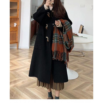 Damen Dufflecoat Praktische Taschen Dekorative Holzknebel Schwarz - Eveloria