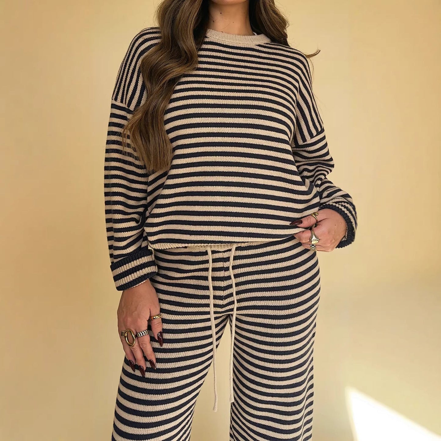 Damen Strickset Streifenmuster Weite Passform