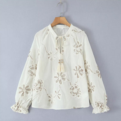 Damen Bluse mit Raffungen und Bestickung Eveloria