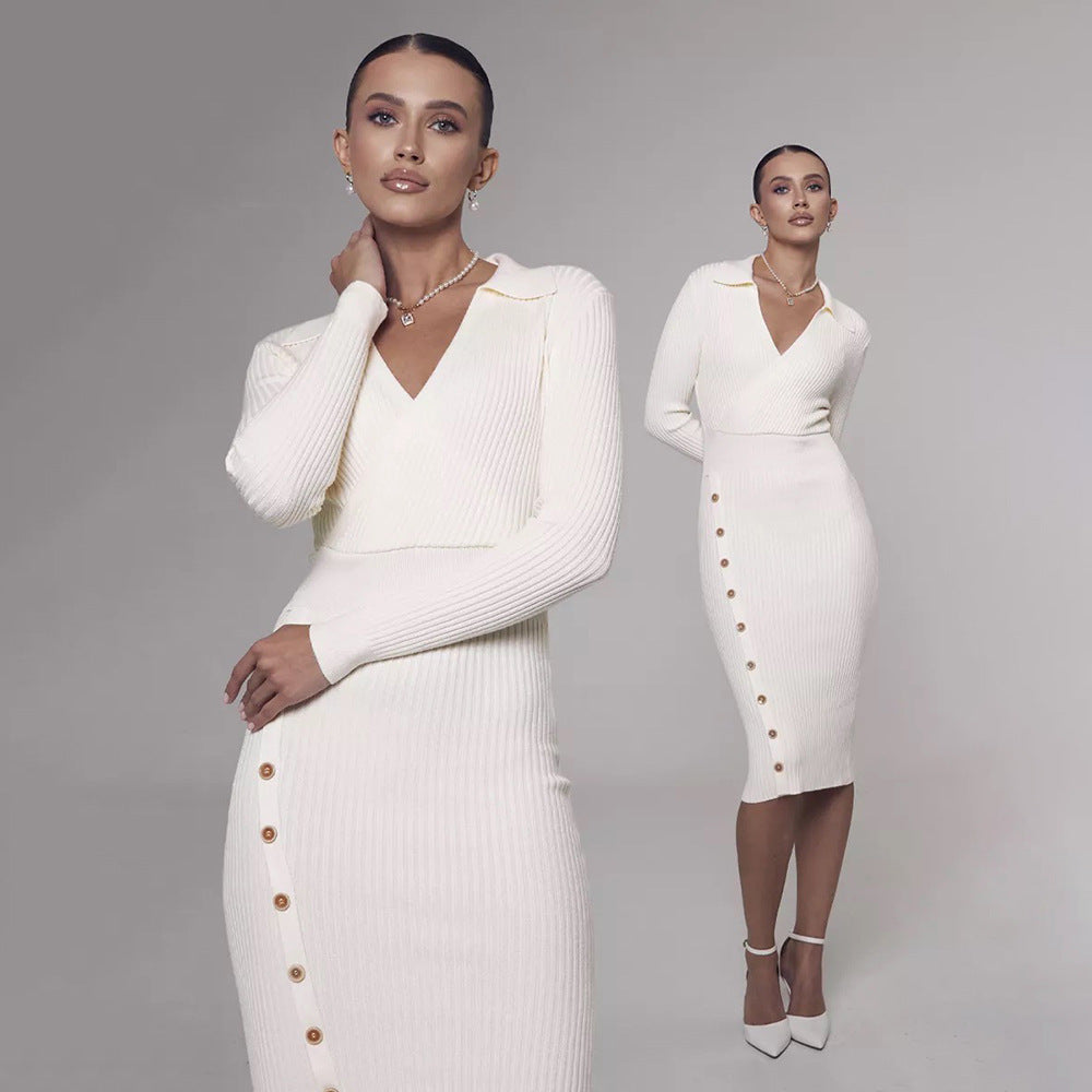 Damen Strickkleid Klassischer Kragen Knöpfe Beige