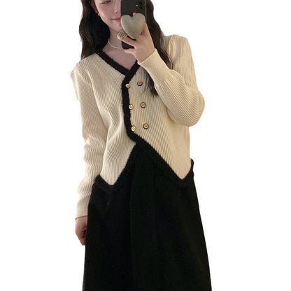 Damen Strickjacke Kontrastsaum Knöpfe Eveloria