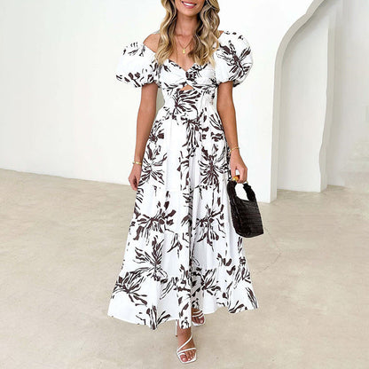 Damen Maxikleid Voluminöse Puffärmel Florales Design