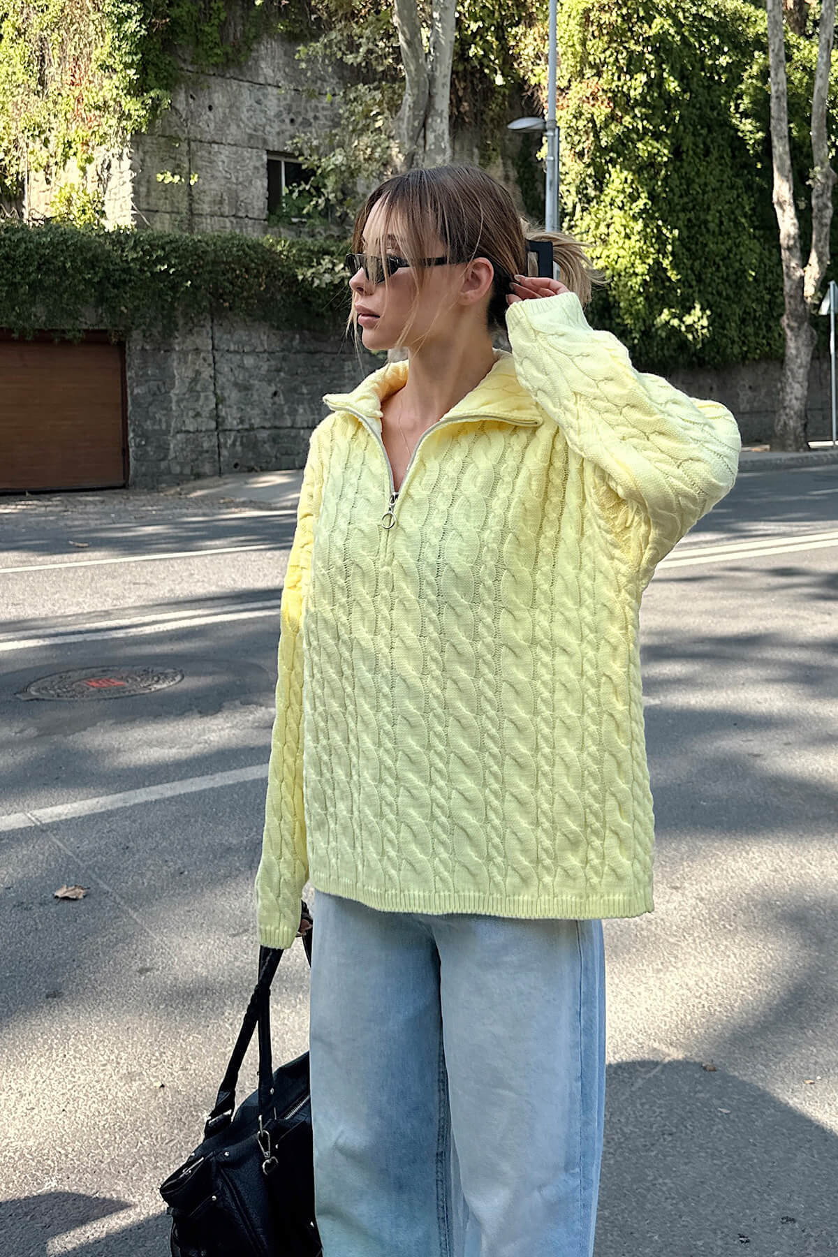 Damen Strickpullover Stehkragen Reißverschluss Grau