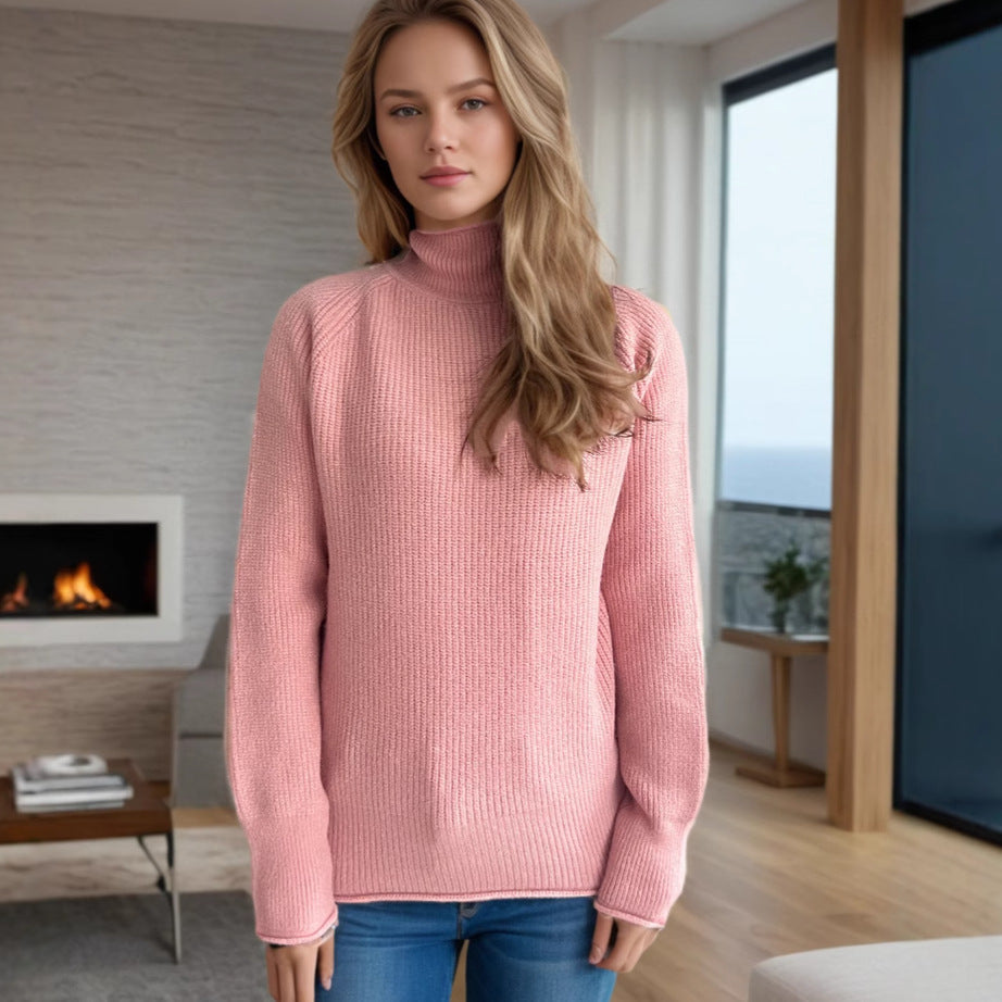 Damen Rollkragenpullover Weich Grobstrick Beige