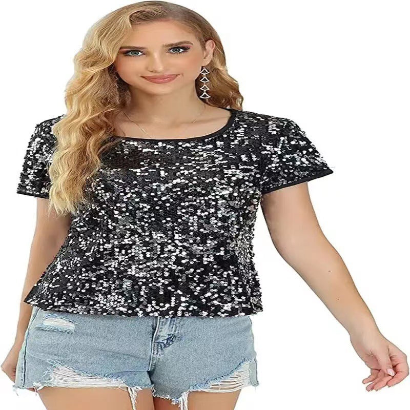 Damen T-Shirt aus Baumwolle mit Pailletten Glitzer Effekt Lässig