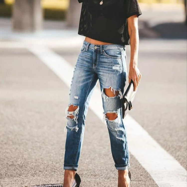 Damen Slimfit Jeans Destroyed Ausfransungen Dunkelblau Eveloria - Eveloria