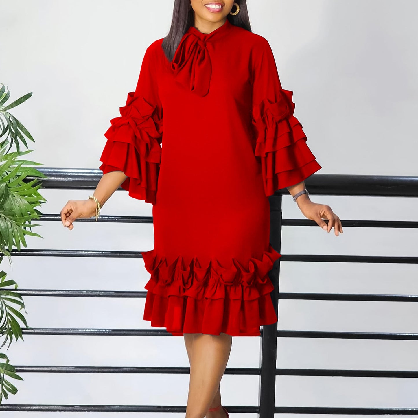 Damen Midi-Kleid Voluminöse Rüschenärmel Elegante Schleife