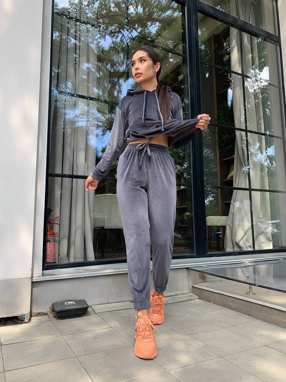 Damen Velours Lounge-Set Kapuze Gummibund Beige