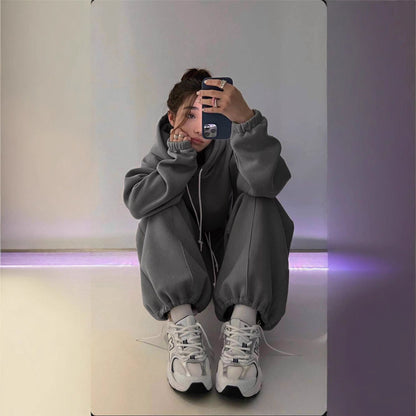 Damen Hoodie Jogginghose Set Baumwolle Bequem Grau