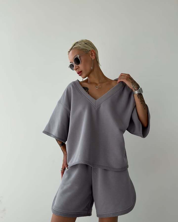 Damen Freizeit-Set V-Ausschnitt Baumwolle Weiß