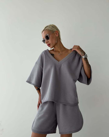 Damen Freizeit-Set V-Ausschnitt Baumwolle Weiß