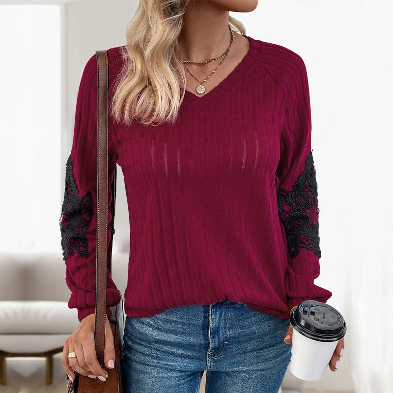 Damen Pullover V-Ausschnitt Spitze Ärmel Eveloria