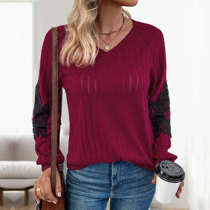 Damen Pullover V-Ausschnitt Spitze Ärmel Eveloria