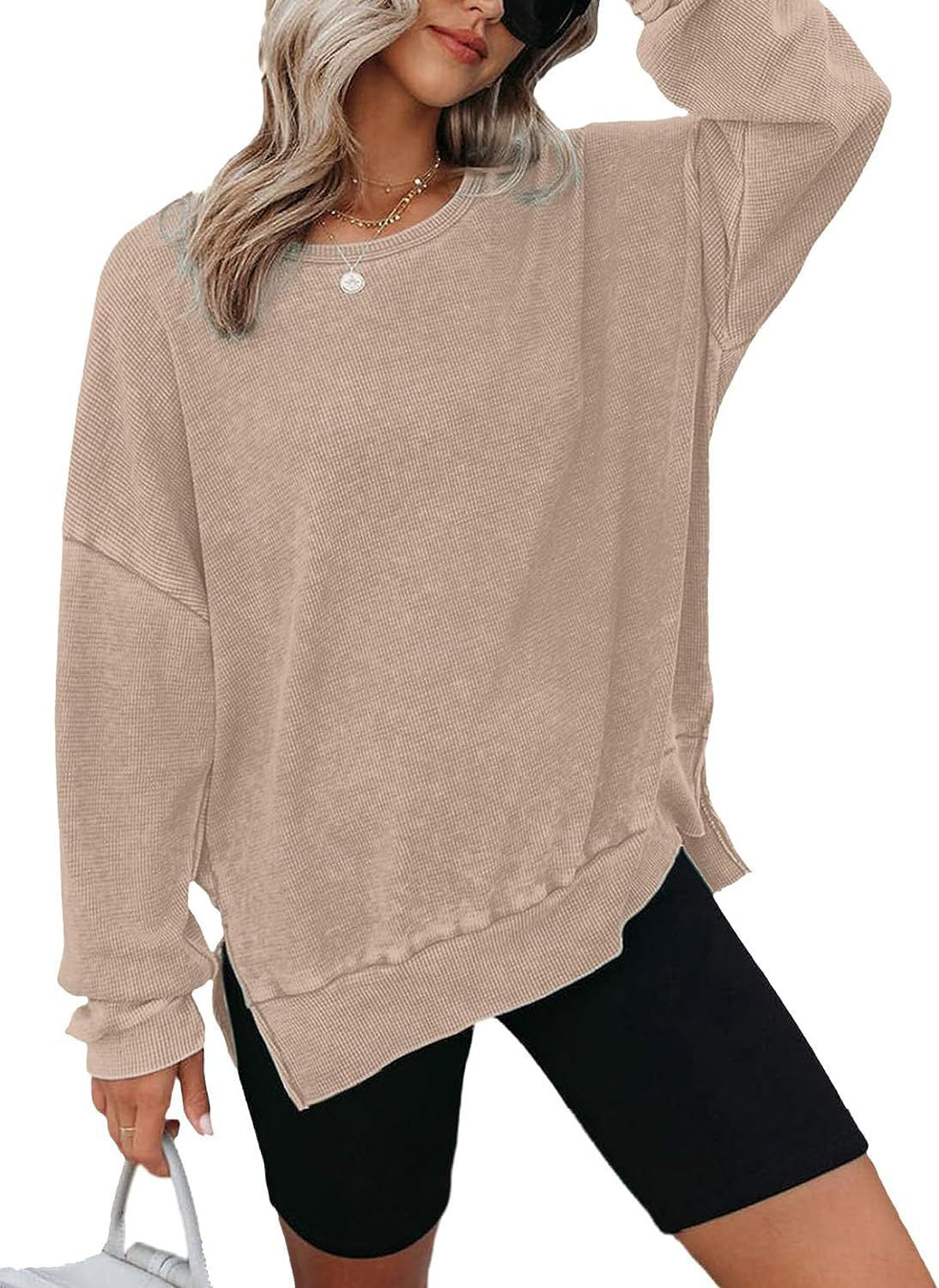 Damen Waffelpullover Lässig Mit Seitenschlitzen Grau Eveloria