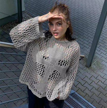 Damen Strickpullover Luftig Offenes Netzdesign Beige