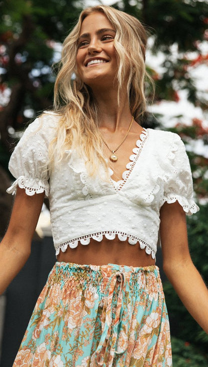 Damen Crop- Floralmuster Spitzenbesatz