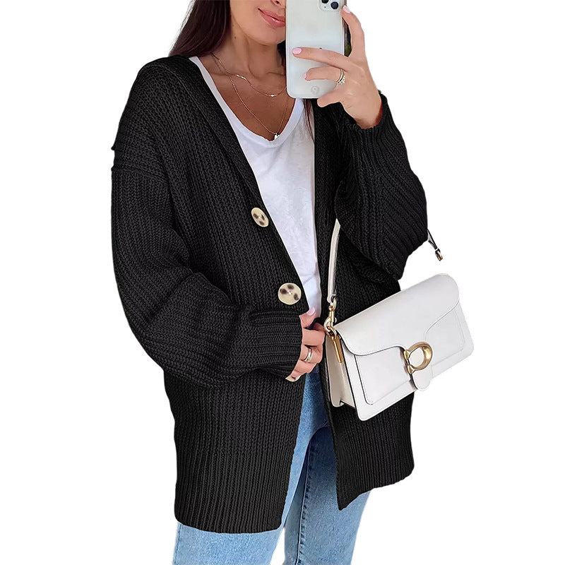 Damen Oversize Strickjacke Grobstrick Weich Holzknöpfe Beige