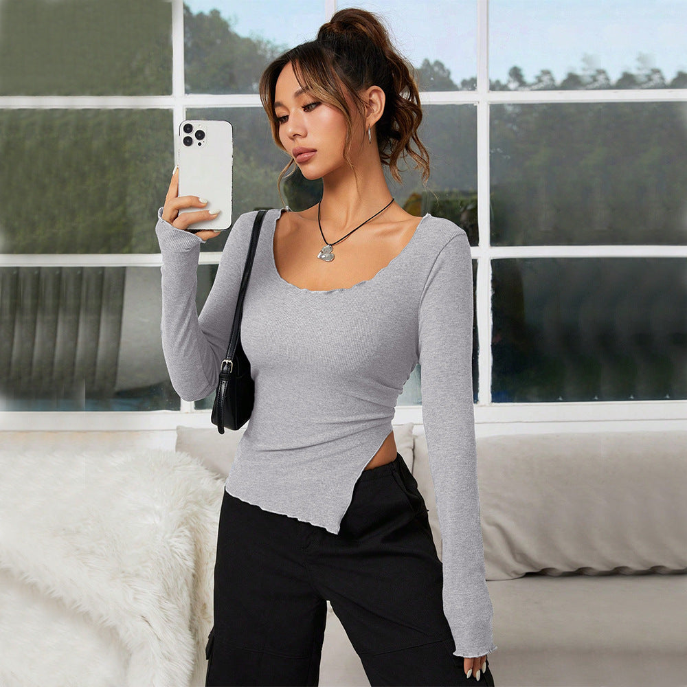 Damen Langarmshirt Asymmetrischer Saum Eleganter Ausschnitt Schwarz - Eveloria