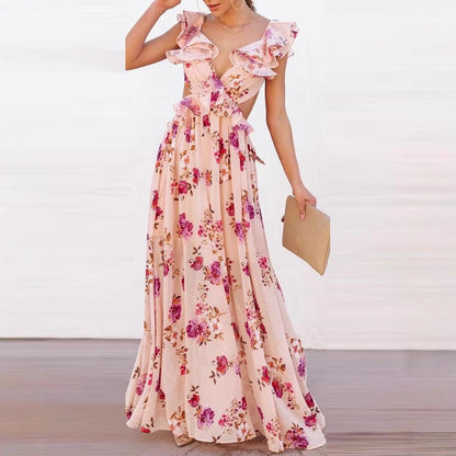 Damen Maxikleid Florale Rüschendetails V-Ausschnitt Eveloria