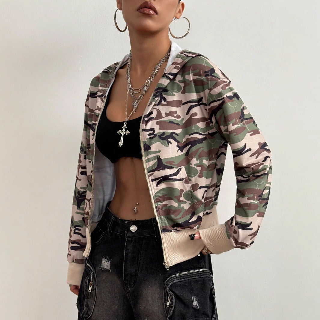 Damen Kapuzenjacke Kurz Camouflage Stil Eveloria