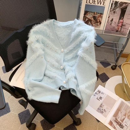 Damen Flauschcardigan mit Perlen Eveloria