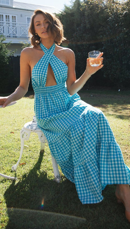 Damen Maxikleid Wickeloberteil Rüschen Saum Eveloria