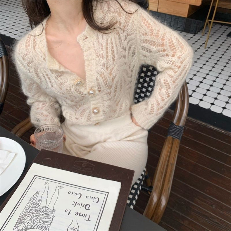 Damen Strickjacke Lochmuster Perlenknöpfe Eveloria