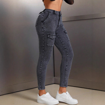 Damen High-Waist Jeans Slim Fit mit Pattentaschen Schwarz Eveloria - Eveloria