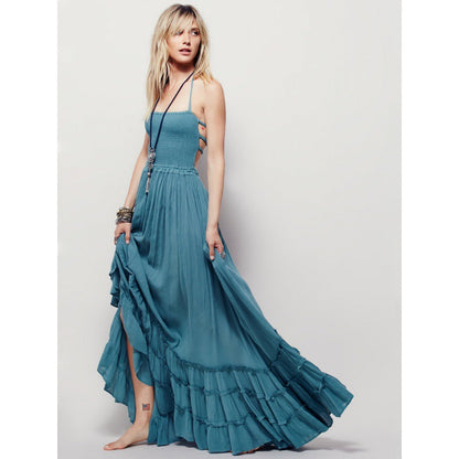 Damen Maxikleid Luftig Rüschengesäumt Hochgeschnitten Eveloria