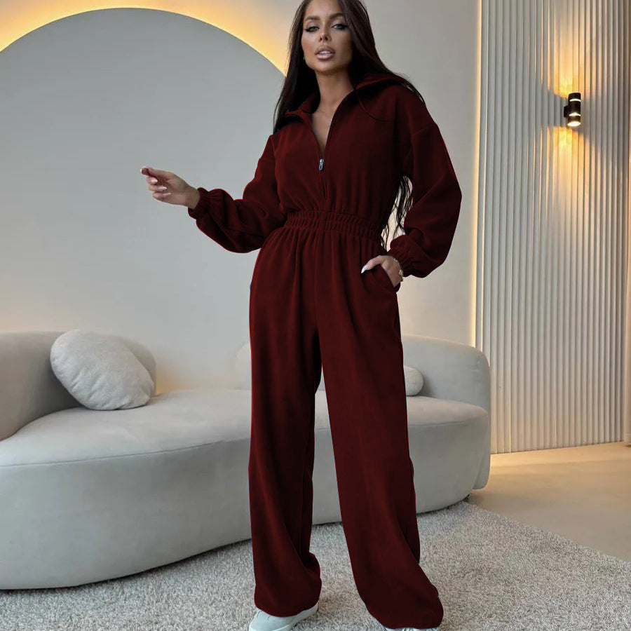 Damen Sportlicher Jumpsuit High-Waist verdeckter Reißverschluss