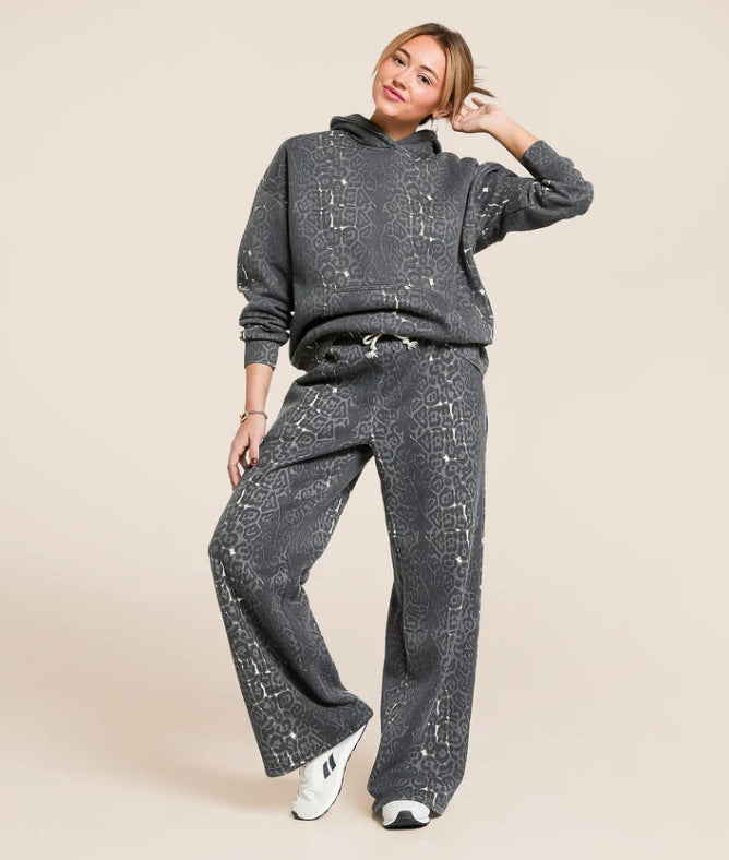 Damen Hoodie Jogginghose Set Baumwolle Bequem Grau