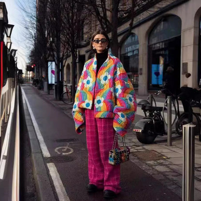 Damen Steppjacke Bunt Voluminöse Ärmel Kuschelig