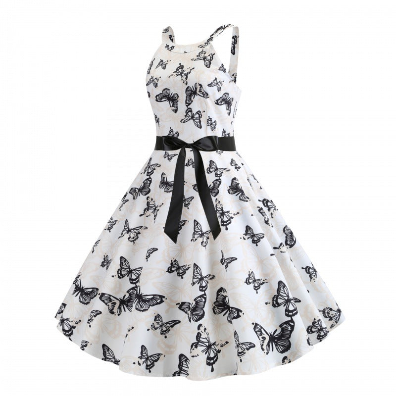 Damen Midikleid Schmetterlingsdruck Taillengürtel Eveloria